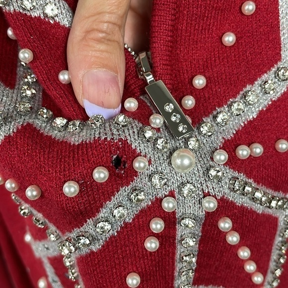 Boston Proper Embellished Snowflake Sweater Dress Rhinestone Faux Pearl Sz M - Picture 7 of 14